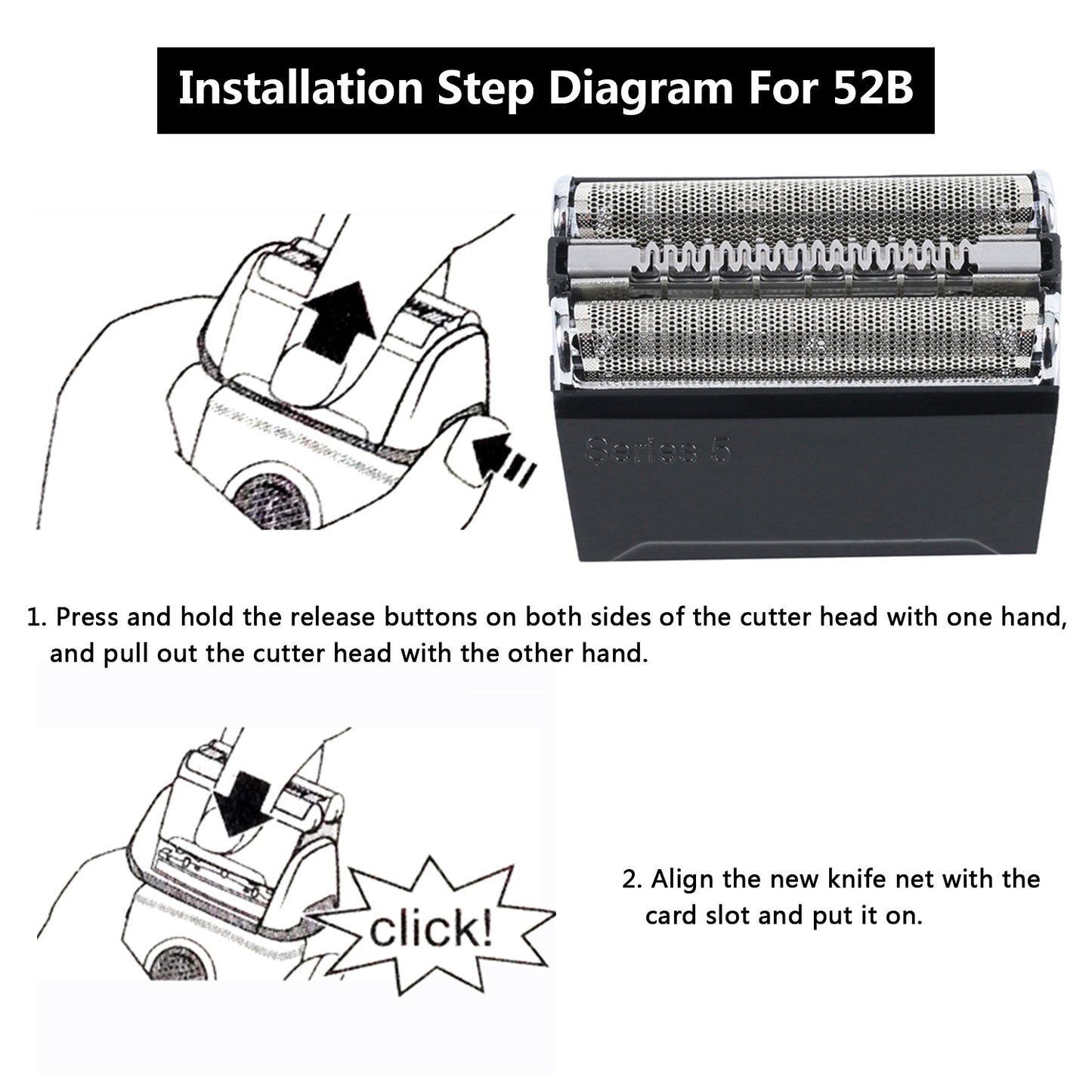 52B Series 5 Replacement Head Shaver Head Accessories for  Series5 Shaving Razor Head, Suitable for  S5 5018S, 5020CS, 5050CS, 5031S